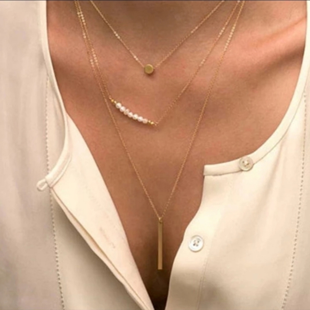 3 Layer Necklace Bar Pearly Beads